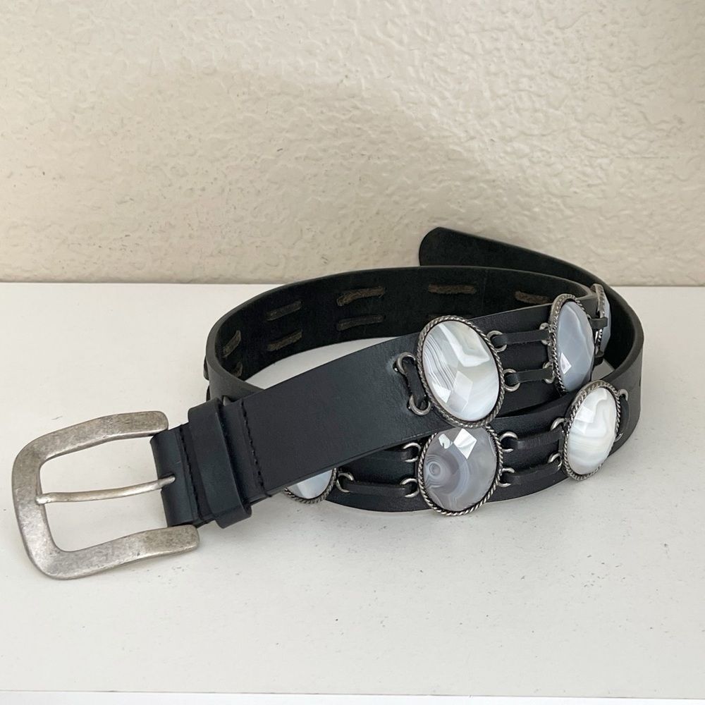 Vintage Leatherock Black Leather Belt with Silver gray stone Accents